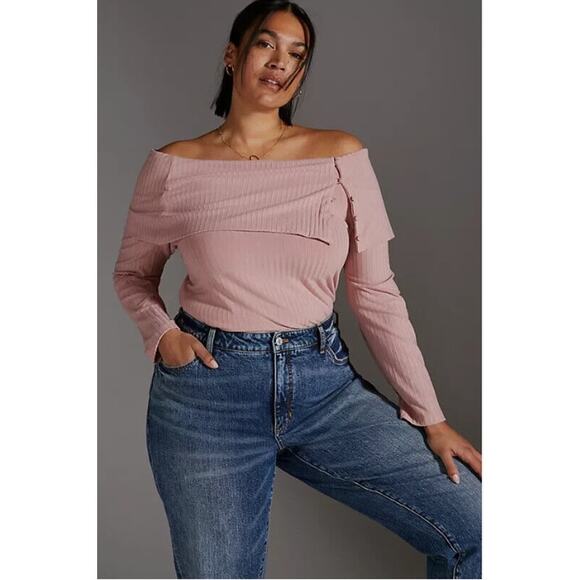 ANTHROPOLOGIE NWT A+ Ribbed Knit Off The Shoulder Top Mauve Pink Sweater // 2X - Picture 1 of 11